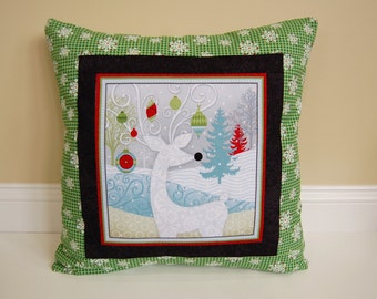 Christmas Pillow, Holiday Decor, Reindeer, Snowflake, Accent Pillow