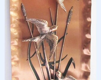 Vintage 70s Mid Century Copper Wall Plaque Picture Flying Swifts Tretchikoff Era