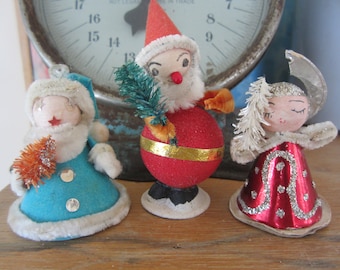Vintage Spun Cotton Heads Christmas Trio Bottlebrush Embellishments Made in Japan Holiday Decorations