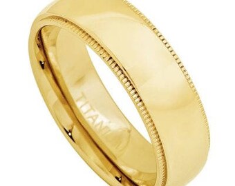 Yellow Gold Tone IP Plated Domed Titanium Ring with Milgrain – 7mm