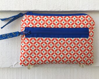 Orange Womens Wallet, Small Womens Wallet, Blue Orange Wallet, Print Change Purse, Small Orange Wallet, Fabric Zipper Wallet, Ladies Wallet