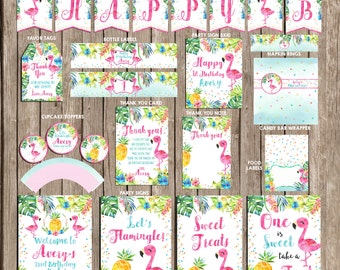 Flamingo Party package personalized, Flamingo Hawaiian Tropical Party package, Flamingo Pool party package, Flamingo Birthday Invitation
