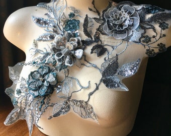 Silver & Teal 3D Applique , Beaded and Embroidered for Lyrical Dance, Ballet, Couture Gowns F26-1