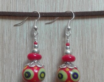 Earrings red and green glass beads