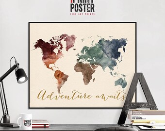 World Map Poster Adventure Awaits, Map Of The World Print, World Map Wall Art by iPrintPoster