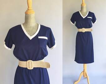 Vintage Navy Blue And White Day Dress (Size Small)
