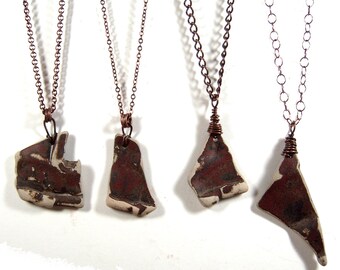 One of a Kind Ceramic Stoneware Shard Pendant Necklace, Copper Wire Wrapped, Reversible, Copper Chain, Extension and Lobster Claw Closure