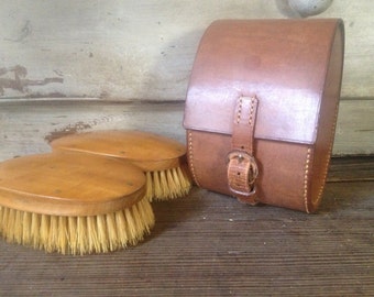 Westminster English Grooming Brush Set in Leather Travel Case, Wood, Natural Bristles
