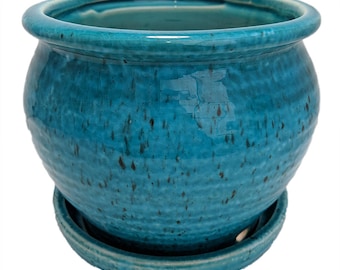 Speckle Planter with Attached Saucer - Turquoise - 6" x 5 1/2"