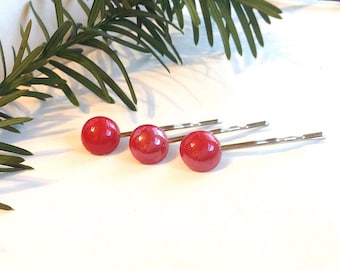 Red Hair Pins, Bobby Pins, Pin Up Girl, Cherry Red, Retro Style, Classic, 3 Bobbies, Glossy, Shiny, Set of 3, Accessories, Rockabilly, 50s