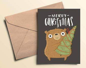 Merry Christmas Bear & Tree Holiday Cards