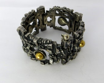 70s Boho Bracelet Robert Larin Canadian Brutalist Modernist Silver Plated Pewter and Brass Hinged Bracelet s 1970s