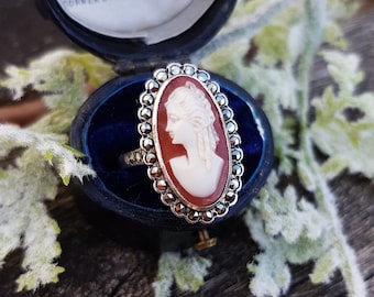 Antique Edwardian Sterling Silver Large Cameo Lady and Marcasite Ring / Size O