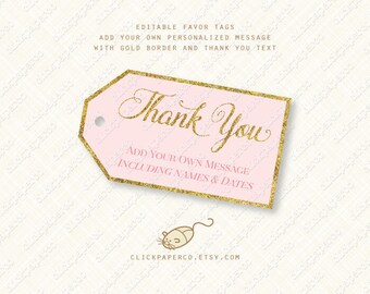 Pink Printable Favor Tag Gold glitter effect tags wedding favors bridal shower baby blush editable text instant download party treat gift