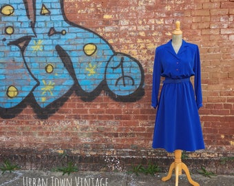 Vintage Cobalt Blue Belted Dress (Size Medium)