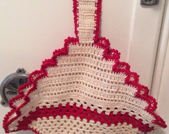Vintage Crochet Hot Pad Holder, Pot Holder Holder, Red and White Kitchen, Retro Kitchen Decor
