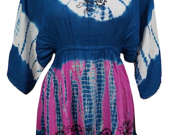 Womens Sundress Bikini Cover Up Tie Dye Elastic Waistline Summer Blue Mini Beach Dress S/M/L