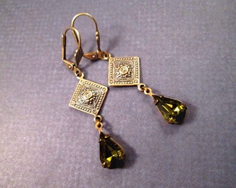 Rhinestone Drop Earrings, Olive Green Glass Stones, Brass Dangle Earrings, FREE Shipping U.S.