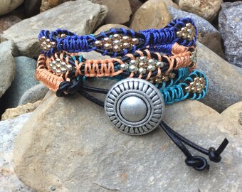 Black Leather Macrame Wrap Bracelet