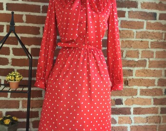 Vintage 70’s Red with Petite Floral Print with Bow Detail/Collar