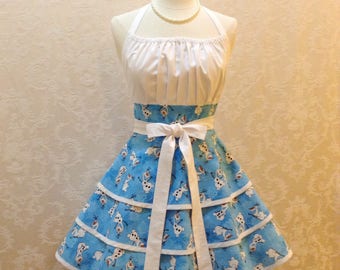 Snowman Apron Retro Chic Pinup Apron in Blue and White Olaf Snowman Fabric Flirty Women's Christmas Apron - Ready to Ship