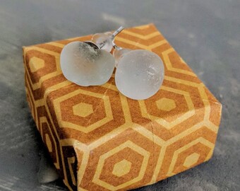 White Sea Glass Earrings // Studs // Simple // Clear // Beach Glass // Plastic Backs // Matching Earrings // Gifts for Her // Unique // Cute