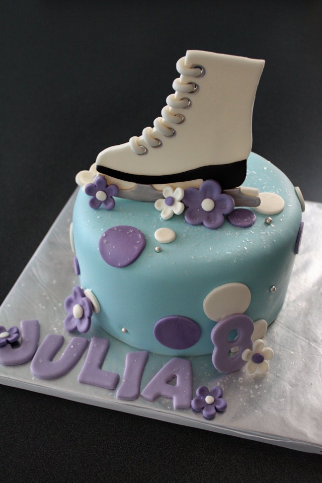 Fondant Ice Skate Cake Topper with Polka Dots Flowers Name