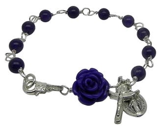 Silver Rosary Bracelet with Purple Amethyst Gemstone, Miraculous Medal & Trinity Crucifix, Catholic Jewellery, February Birthstone Bracelet