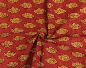 Etsys 13th Birthday Sale Red and Yellow Paisley Design Block Print Cotton Slub Fabric-14331