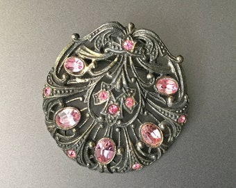 Art Nouveau Shield with Pink Rhinestones Brooch - Art Deco Scrolls and Dots