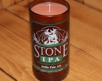 Hand Poured Soy Candle in Handmade Upcycled Stone IPA Glass made from a 12oz bottle