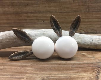 SET OF 2 - Rabbit Ears White Knobs - Abstract Bunny - Nature Forest Fairytale Theme - Decorative Bunny Ears Drawer Pull