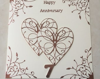Handmade Copper Wedding Anniversary Card 7th Happy Wedding Anniversary Large 8 " Copper mirror Card hearts 7