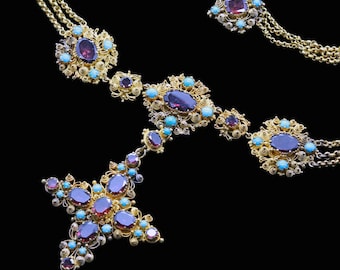 Late Georgian Necklace Pendant Cross Cannetille 18k Gold Turquoise Garnet (#6425)