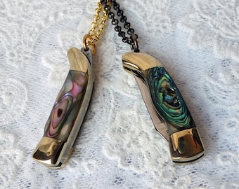 Mini Pocket Knife Necklace, 1 1/2 " Working Knife Pendant Charm, Miniature Abalone Necklace, Gift For Him and Her