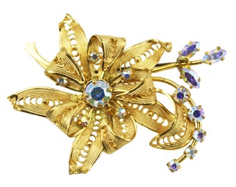 Vintage Rhinestone Flower Brooch, Large Gold Flower Brooch, Large Gold Flower Pin, Aurora Borealis Rhinestone Brooch