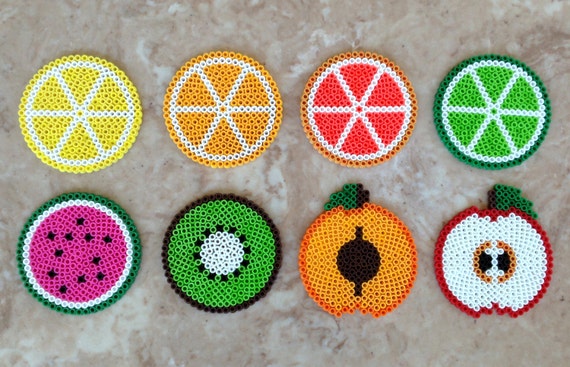 Set of 8 fruitthemed Perler bead coasters