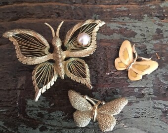 Vintage Gold Butterfly Brooches - set of 3