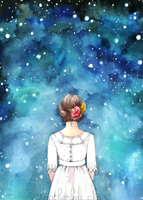 Starry Night Sky and Girl Watercolor Art Painting Print