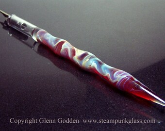 Red tint silver lustre handformed glass calligraphy & drawing dip pen for changeable nibs