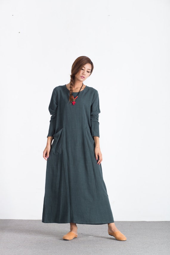 Women's maxi dress pockets-2 linen cotton pullover Loose