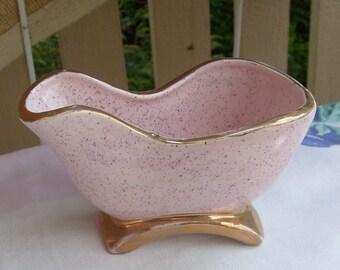 Vintage Shafer pottery pink blush speckled planter 23k gold atomic 1950s 1960s succulent pot bathroom makeup storage