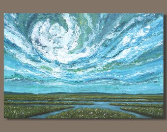 FREE SHIP Abstract Landscape Painting - A West Wind - Abstract Marsh Painting, Big Sky Painting, Nova Scotia 24x36 East Coast Wetlands, Blue