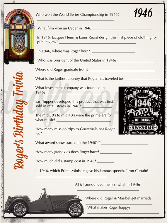 items similar to birthday trivia game 1945 60th 50th 70th birthday