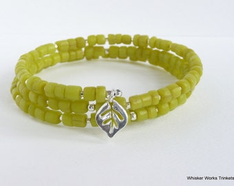 Memory Wire Bracelet -- Citron Lime Green -- Sterling Silver Cubes--Sterling Leaf Charm -- Indonesian Modern Trade Beads -- Recycled Glass