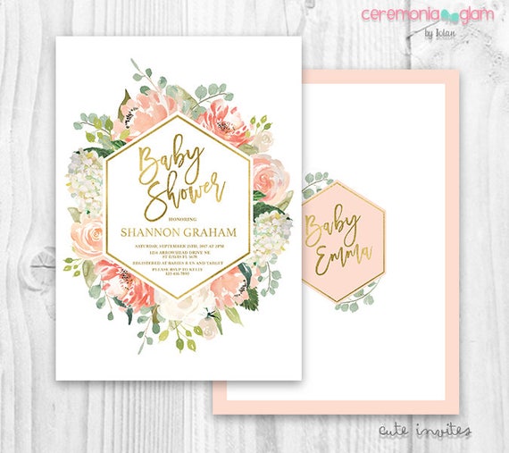 peach and gold baby shower girl floral invitation baby girl