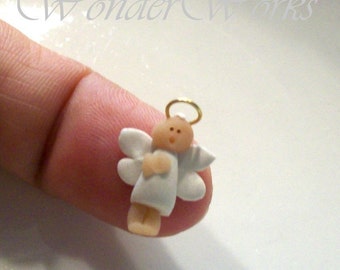 Micro Miniature Angel in White with Tiny Gold Halo - Hand Sculpted 12th Scale Ornament Figurine Collectible Gift