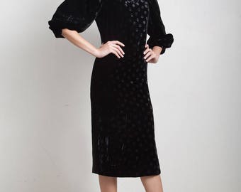 vintage 80s black velvet dress polka dot puff sleeves side high slit EXTRA SMALL XS
