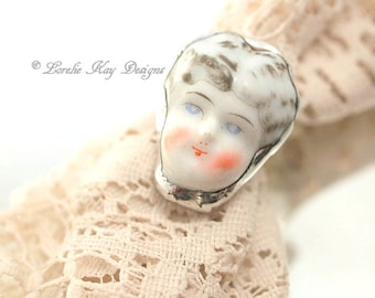 Frozen Charlotte Doll Face Ring China Doll Head Frozen Charlotte Ring Fine Silver Plated Lorelie Kay Designs Doll Jewelry