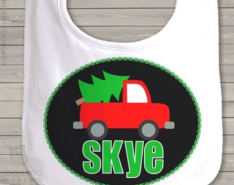 Christmas tree red truck personalized bib - adorable christmas baby bib snlc-097-bib